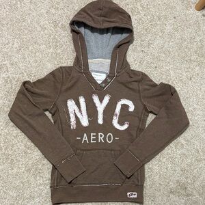 Aeropostale Brown V-Neck Hoodie Sweater